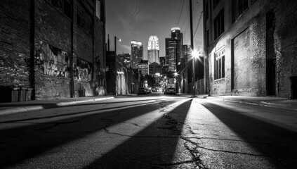 Urban alleyway at night, with city skyline in the distance