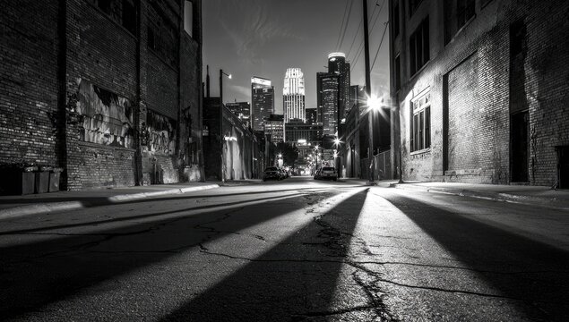 Fototapeta Urban alleyway at night, with city skyline in the distance
