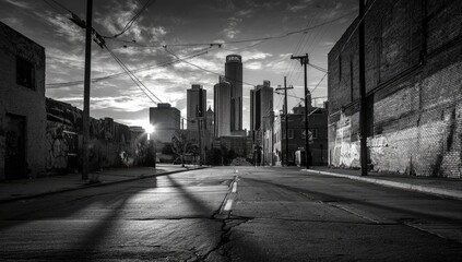 Urban alleyway at dawn, long shadows