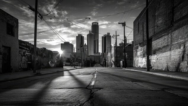Fototapeta Urban alleyway at dawn, long shadows
