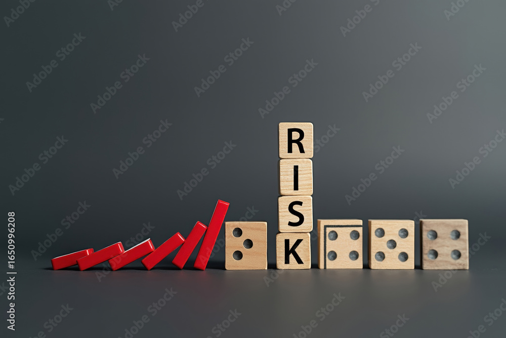 Poster navigating risk aversion a cascade of consequences with low feedback domino effect and dice represen