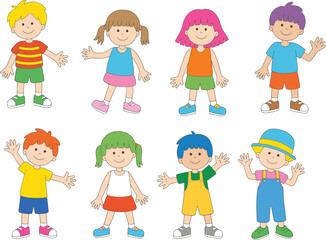 Group of cartoon children waving hands, colorful kids illustration, happy boys and girls, fun childhood characters, smiling, diverse playful scene