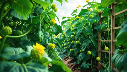 Lush green plants with yellow flowers growing on trellises in a garden. Agriculture and farming, natural environment. Cultivation and plant growth.