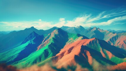 Obraz premium Colorful mountain range with vibrant green and reddish-brown peaks under a blue sky.