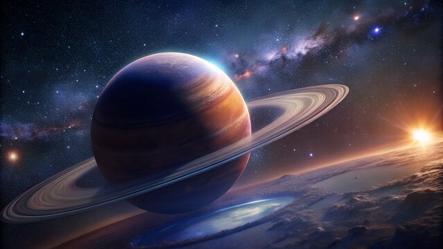 A stunning view of a ringed planet in deep space with a vibrant nebula