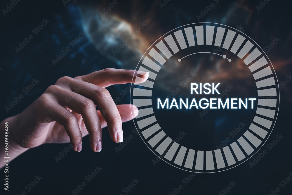 Poster navigating risk management a digital interface displaying risk management with low feedback and a ha