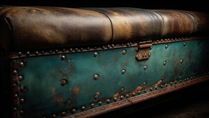 Close-up of rustic leather and teal colored storage bench