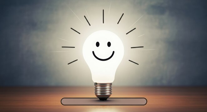 Glowing lightbulb with a smiley face representing a bright idea and inspiration
