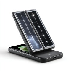 Solar powered phone charger with foldable panels on white
