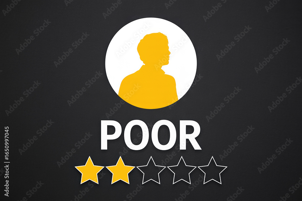 Poster negative customer experience depicted with poor rating and low feedback profile silhouette on dark b