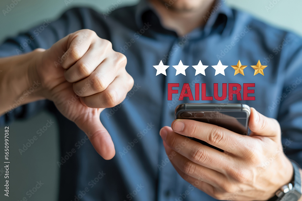 Poster negative customer experience with low feedback on mobile phone displaying star rating system and thu