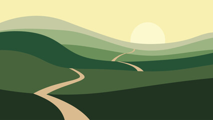 Minimalist Landscape Vector Illustration with Rolling Hills and Winding Path at Sunrise Offering Tranquility and Serenity