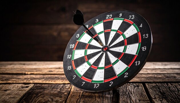 Dartboard with dart embedded in number 20 section against rustic wooden background.