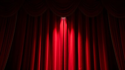 Dramatic red velvet theater curtains with golden details, illuminated by a spotlight.