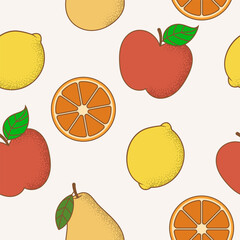 Seamless pattern with apples, pears and lemons
