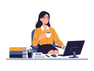 Professional woman working on computer : An illustration shows a focused woman at her desk, laptop, a cup of coffee, and a sense of productivity and engagement.