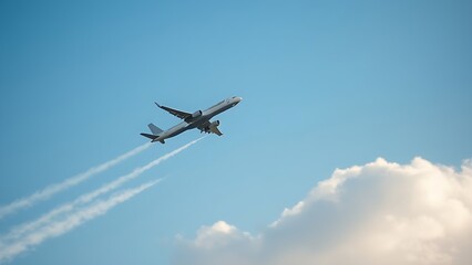 Obraz premium Airplane climbing into a clear blue sky, leaving white contrails against a backdrop of soft clouds.