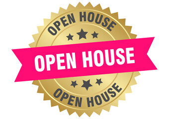 open house. open house round pink and gold label isolated on transparent background