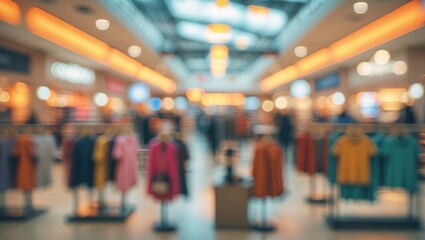 A blurry image of clothing racks and mannequins inside a retail store with store lighting and shoppers.