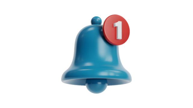 A blue notification bell with a red circle and a white number one on a white background isolated