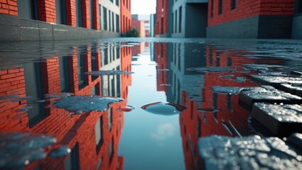 Flooded alleyway between red brick buildings reflecting the sky and surroundings. Urban scene with water and rain effects.