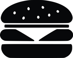 Black silhouette of a burger with sesame seeds, cheese, patty and bun.