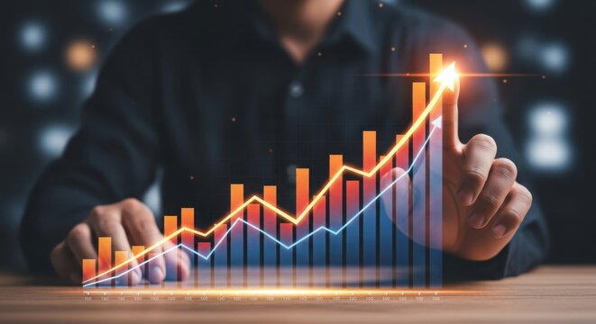 Person pointing at a rising growth chart showing business success and financial progress - Powered by Adobe