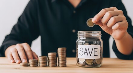 Person putting coin into a glass jar labeled save, with stacks of coins on the table