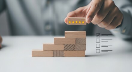 Business growth and progress represented by wooden block stairs and checklist, achieving success