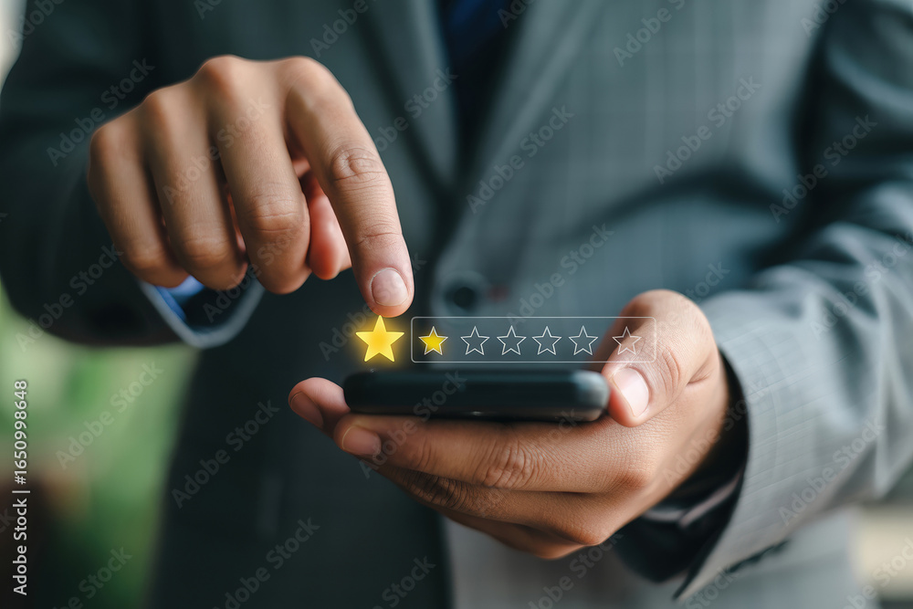 Poster online review system with low feedback on mobile phone displaying star rating for customer satisfact