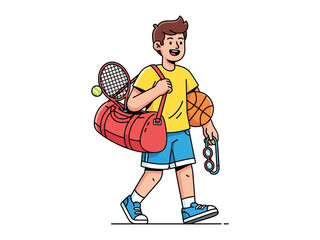 Ready for the Game: A young athlete strides confidently, carrying a sports bag with a tennis racket, basketball, and goggles, ready for the day's athletic endeavors. 