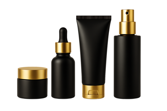 A set of four elegant black and gold cosmetic bottles, isolated on a transparent background
