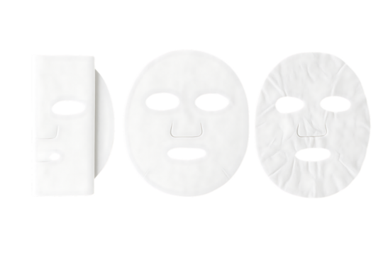 Three different white facial sheet masks displayed, isolated on a transparent background