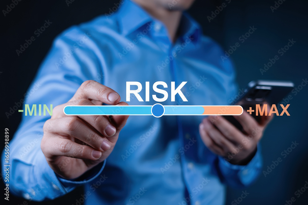 Poster optimizing risk a person adjusting a risk slider with low feedback on a digital interface for strate