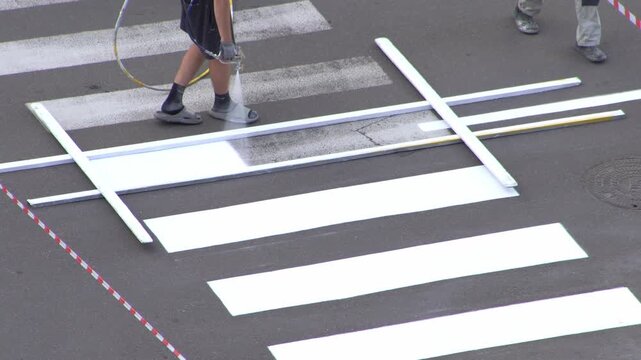 Applying road markings. Paint a pedestrian crossing with white color paint. Highway crosswalk working. Dividing line