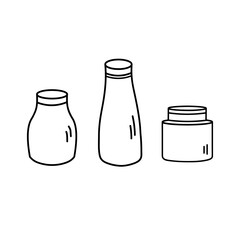 Glasses bottle doodle on isolated background. Hand drawn transparent containers, empty jars, glassware. Glass recycling canning and food storage utensils. Vector illustration in line art style