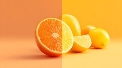 Fototapeta premium Half orange and whole lemons on orange and yellow backgrounds citrus fruit