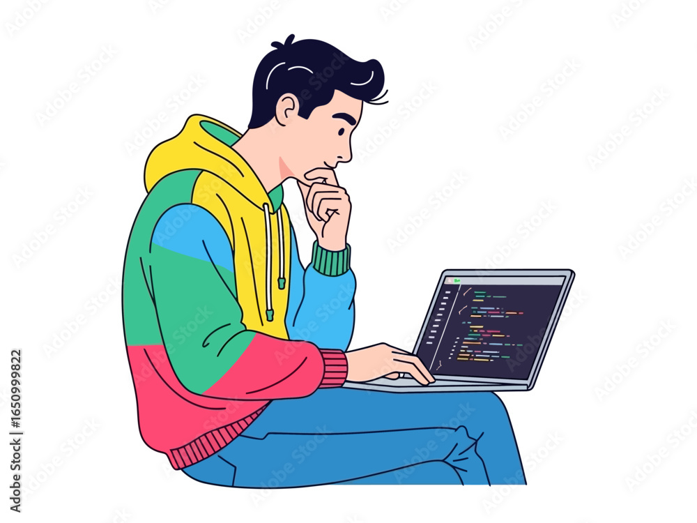 Poster coding in color: an illustrated depiction of a young person engrossed in the vibrant world of coding