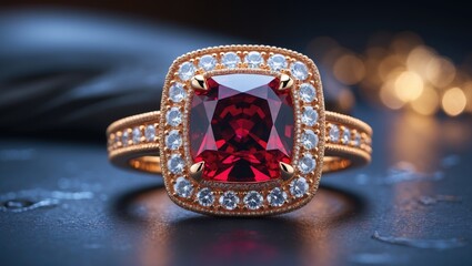 Elegant ring featuring a large red gemstone surrounded by smaller diamonds, showcasing luxurious jewelry design.