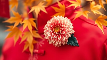 A chrysanthemum flower pinned to a ruby red cheongsam collar, with golden maple leaves in soft focus for China National Day.