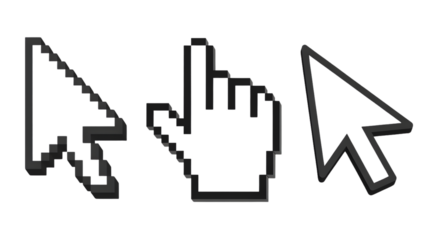 Three computer mouse pointers including classic arrow and hand cursor on a white background design element