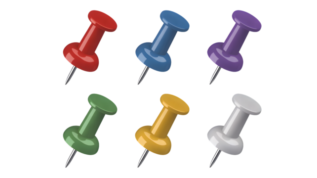 A group of six colorful push pins arranged on a white background in a simple studio shot style