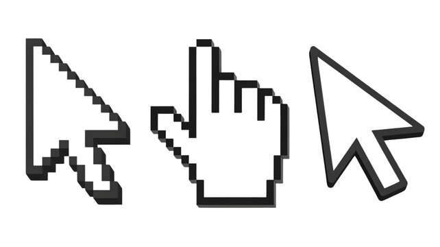 Three computer mouse pointers including classic arrow and hand cursor on a white background design element - Powered by Adobe