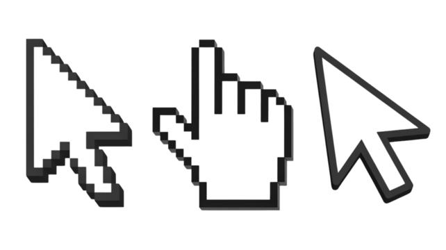 Three computer mouse pointers including classic arrow and hand cursor on a white background design element