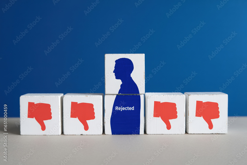 Poster rejected strategy navigating low feedback and disapproval with a wooden block figure surrounded by t