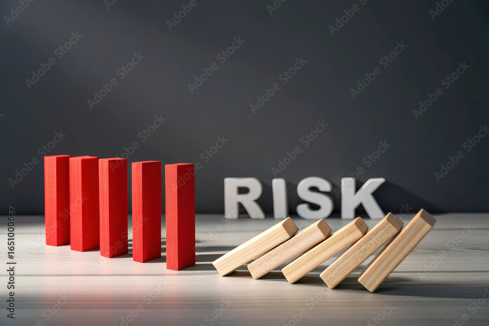 Poster risk and domino effect representing potential downfall and overcoming low feedback in business and p