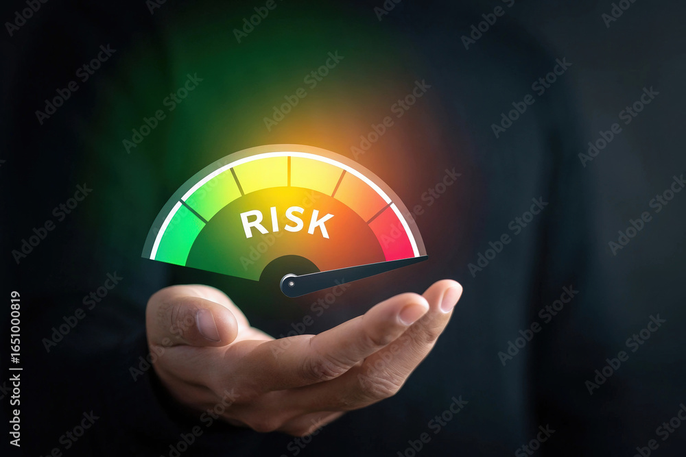 Poster risk assessment a hand holds a gauge displaying risk levels from green to red indicating potential i