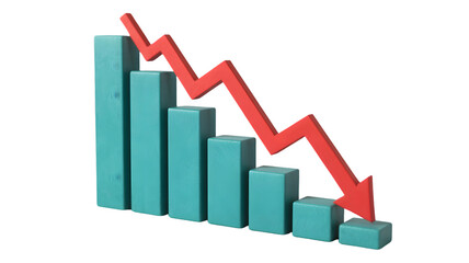 A bar graph with turquoise bars and a red arrow showing a downward trend against a black background
