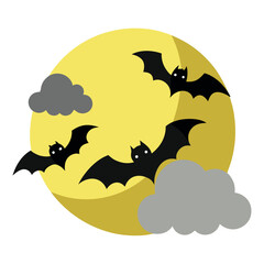 Spooky night scene with a pale yellow moon and silhouetted bats flying across the sky