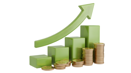 Green arrow pointing upwards with green blocks and stacks of coins on a black background